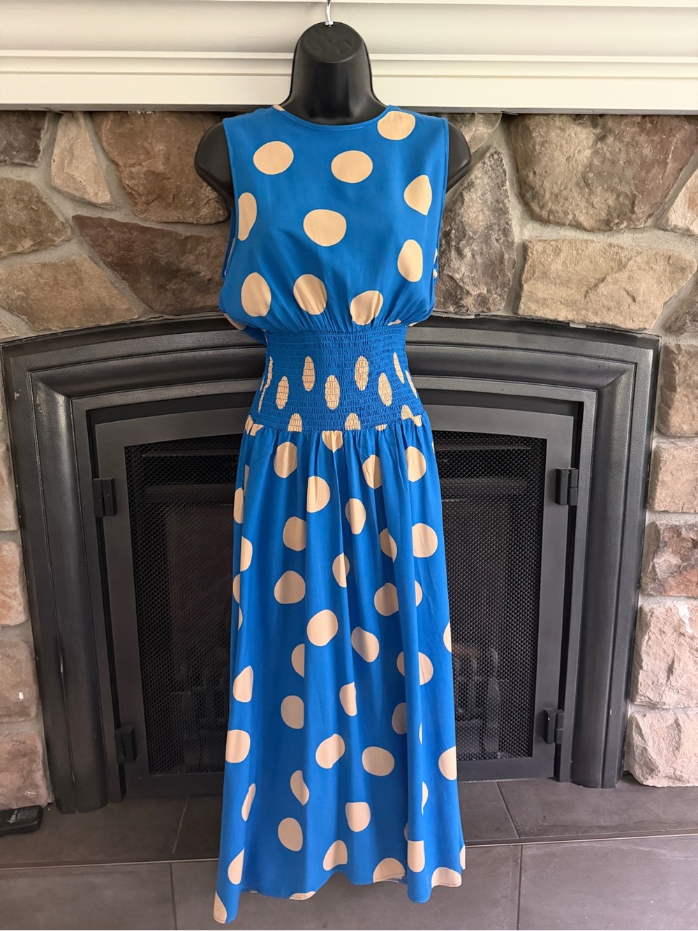 River Island Blue Maxi Dress with Cream Polka Dots